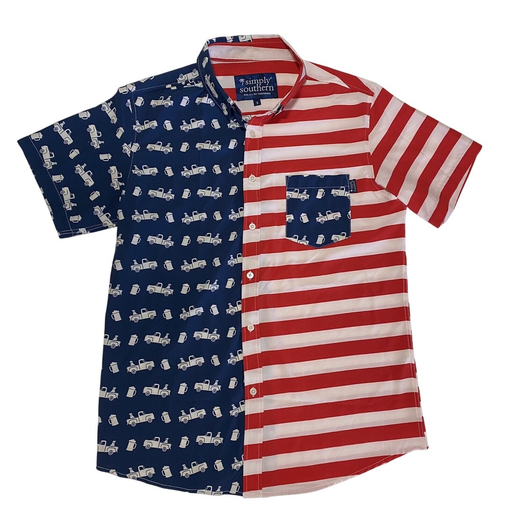 Simply Southern USA America Mens Buttonโ Down Shirt Size Small Beer Truck Dog